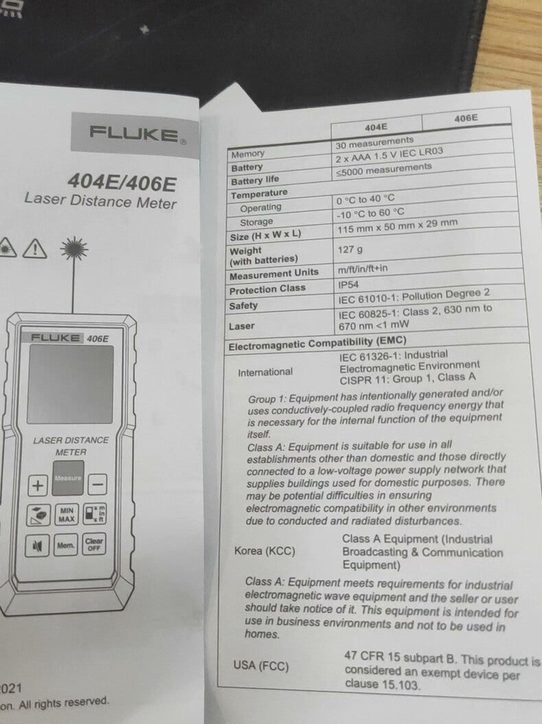 New Fluke 406E 60M Laser Distance Meter with Angle Sensor