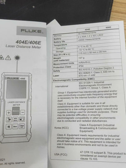 New Fluke 406E 60M Laser Distance Meter with Angle Sensor