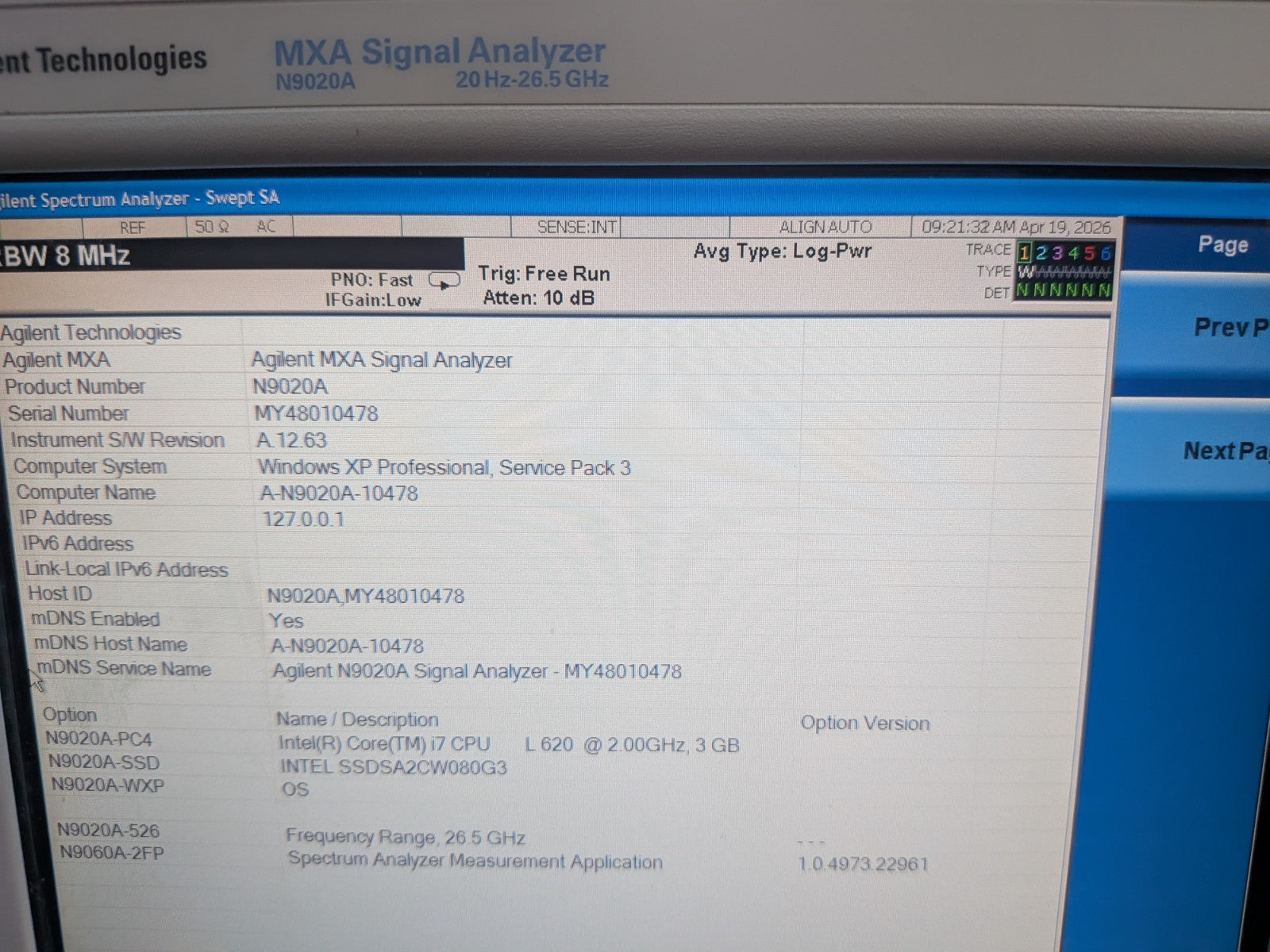 Agilent Keysight N9020A 26.5 GHz MXA Spectrum Analyzer