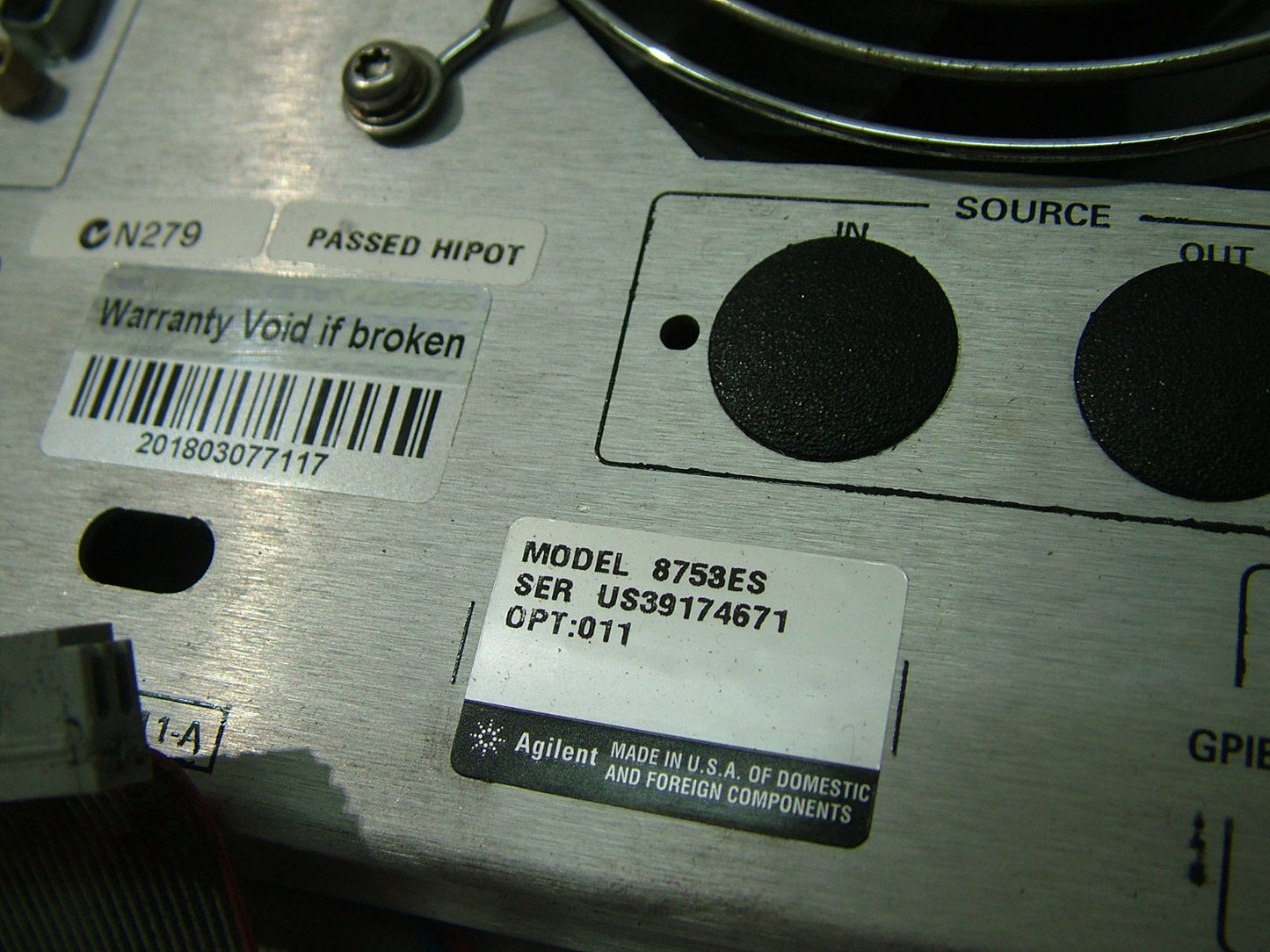 Agilent 8753ES Back Panel with Fan Assembly
