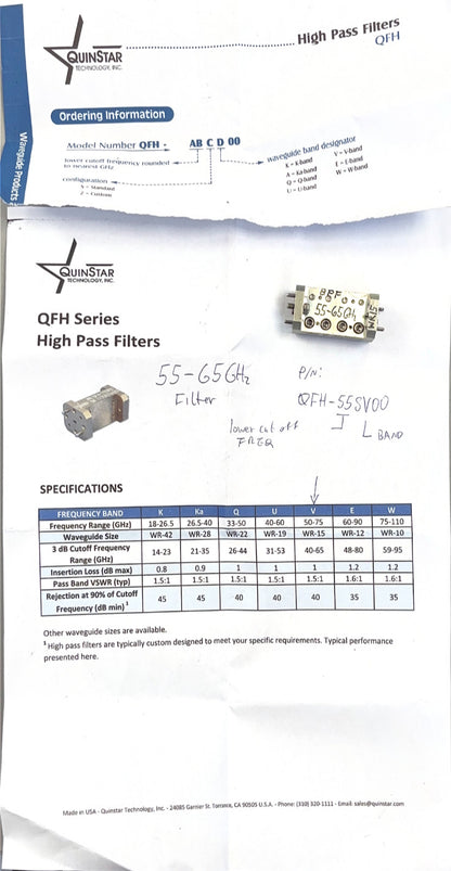WR15 Waveguide BPF 55–65GHz QFH-558V00